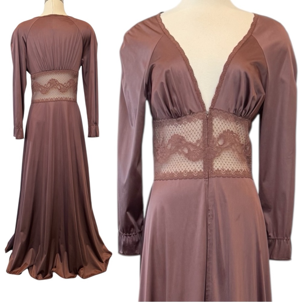 Vintage Vassarette Silky Nylon Mocha Brown Sheer zip Front Kaftan Maxi Gown 36